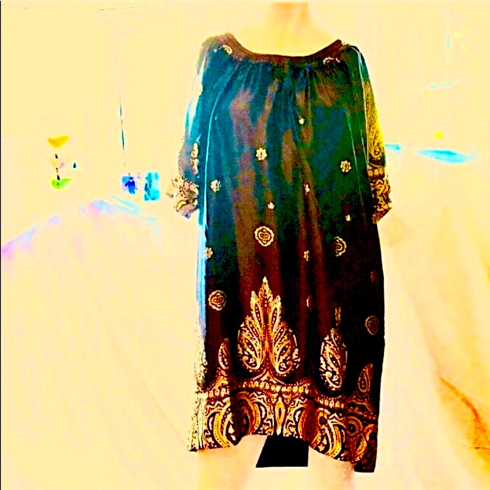 Lightweight dress unique brown & gold tunic shift short sleeve flowing. Vintage